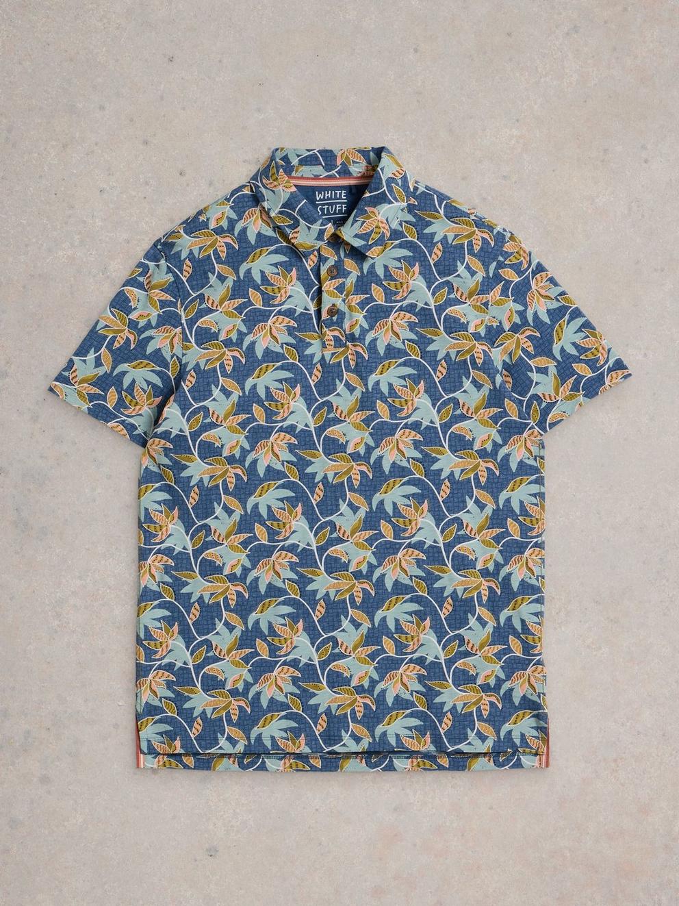 Bamboo Leaves Printed Polo in BLUE PR - FLAT FRONT