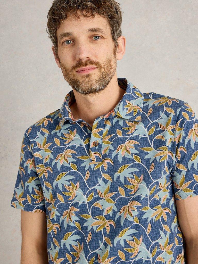 Bamboo Leaves Printed Polo in BLUE PR - MODEL DETAIL