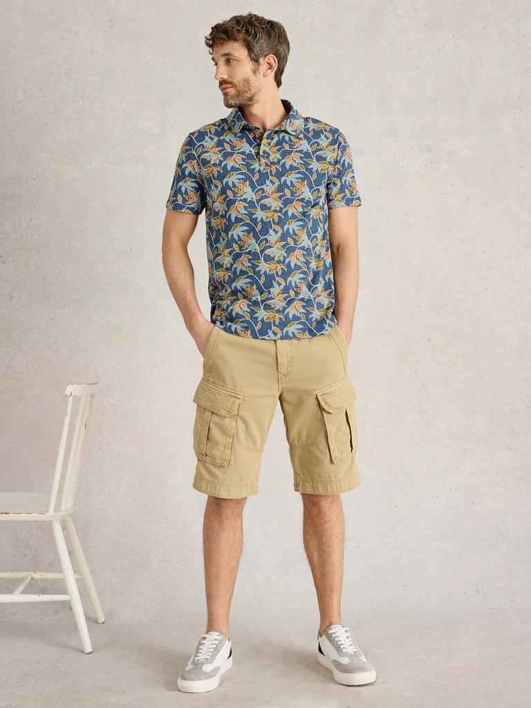 Bamboo Leaves Printed Polo in BLUE PR - MODEL FRONT