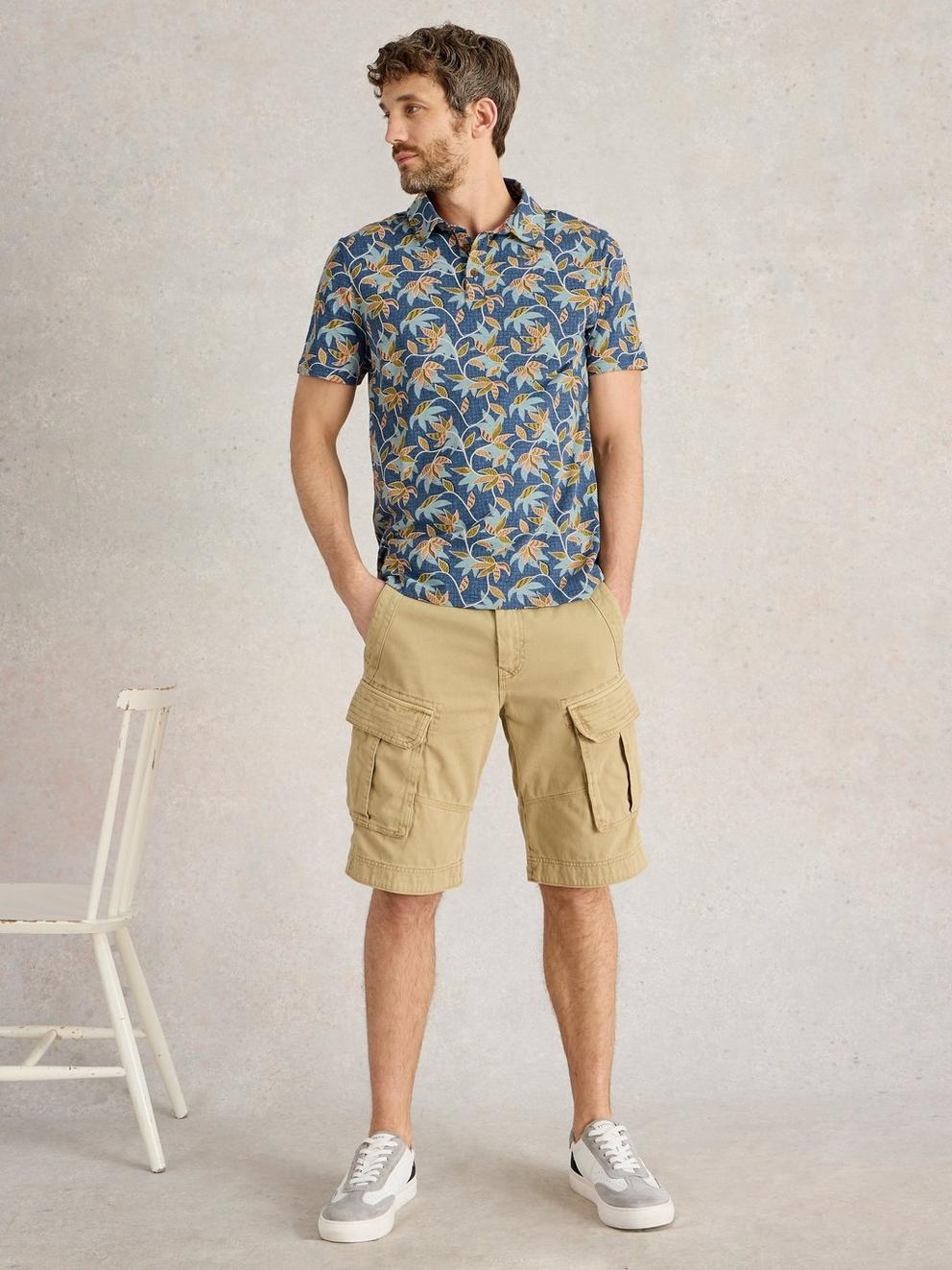 Bamboo Leaves Printed Polo in BLUE PR - MODEL FRONT