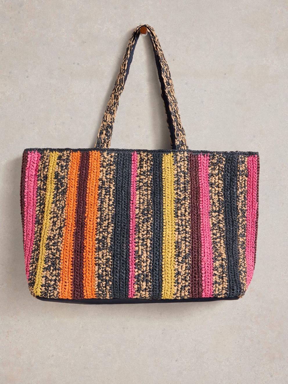 Sabrina Crochet Tote Bag in NAVY MULTI - FLAT FRONT