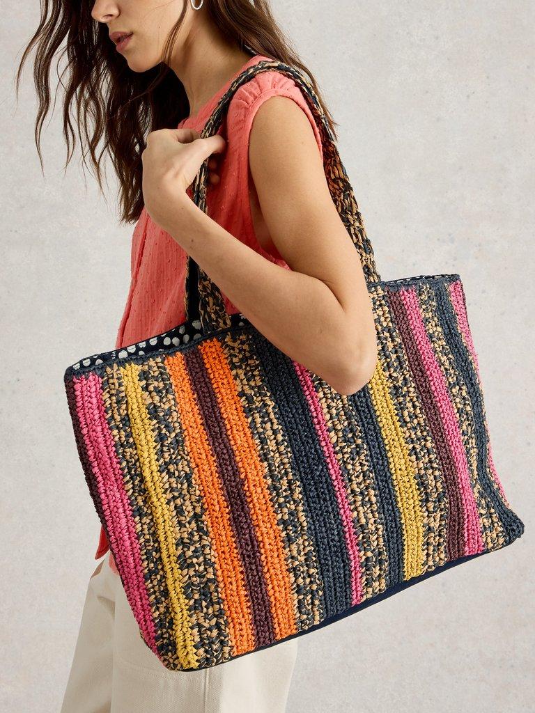 Sabrina Crochet Tote Bag in NAVY MULTI - MODEL FRONT