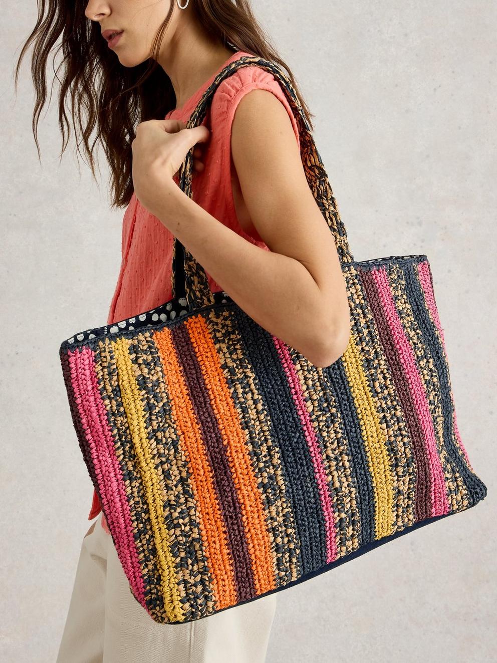 Sabrina Crochet Tote Bag in NAVY MULTI - MODEL FRONT