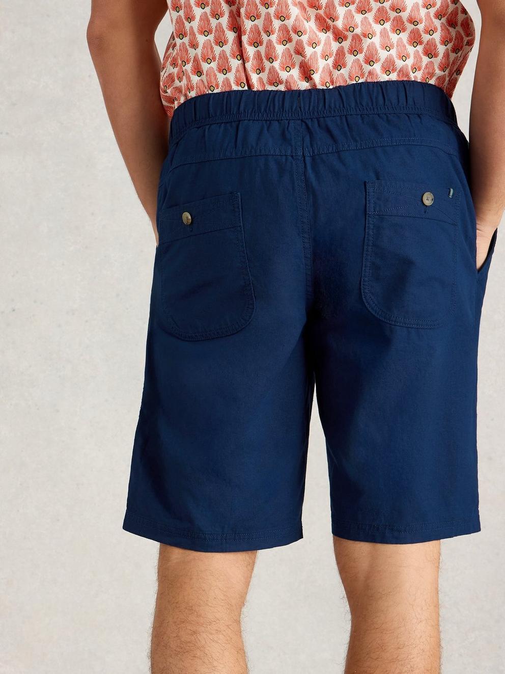 Drawstring Linen Blend Short in DARK NAVY - MODEL BACK