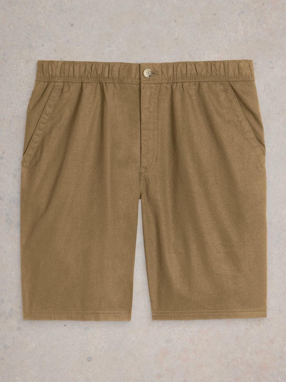Drawstring Linen Blend Short in DK NAT - FLAT FRONT