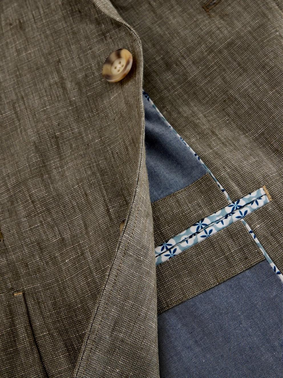 Peak Lapel Linen Blazer in KHAKI GRN - FLAT DETAIL