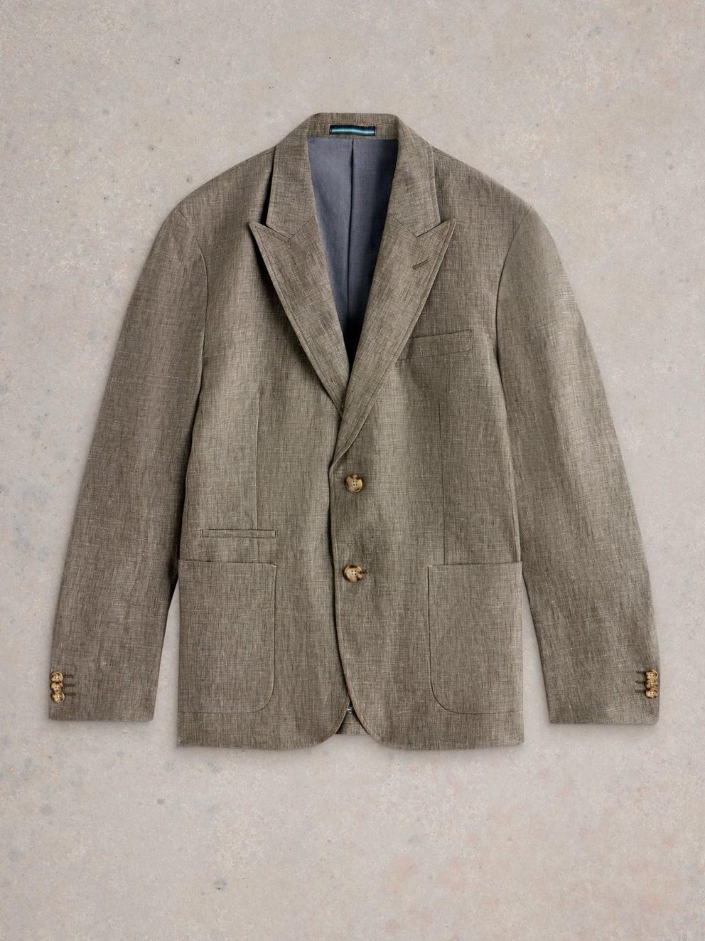 Peak Lapel Linen Blazer in KHAKI GRN - FLAT FRONT