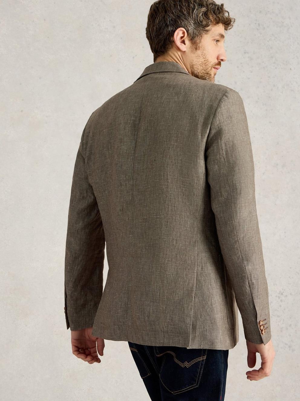 Peak Lapel Linen Blazer in KHAKI GRN - MODEL BACK