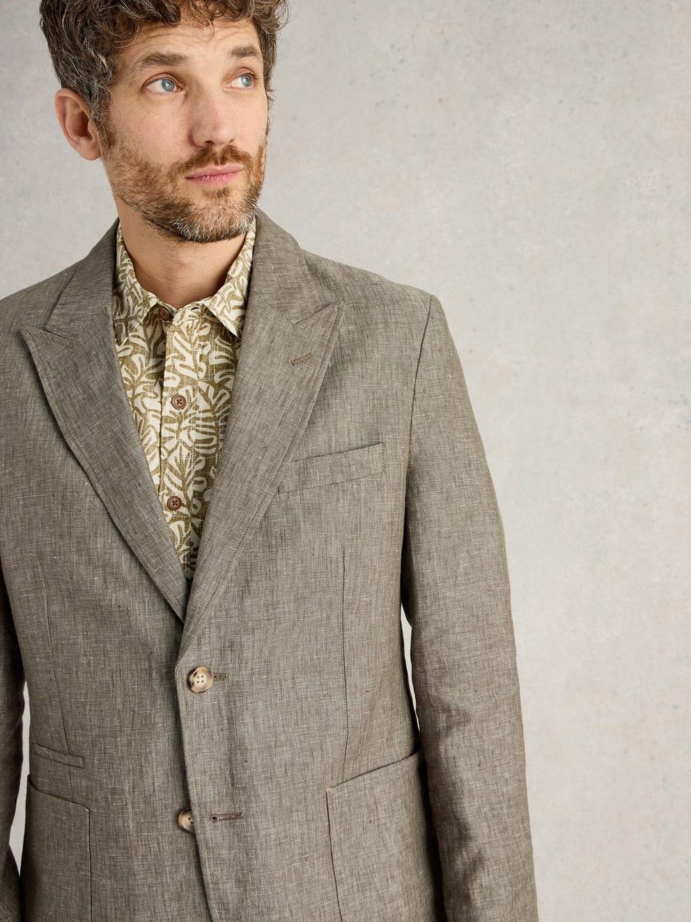 Peak Lapel Linen Blazer in KHAKI GRN - MODEL DETAIL