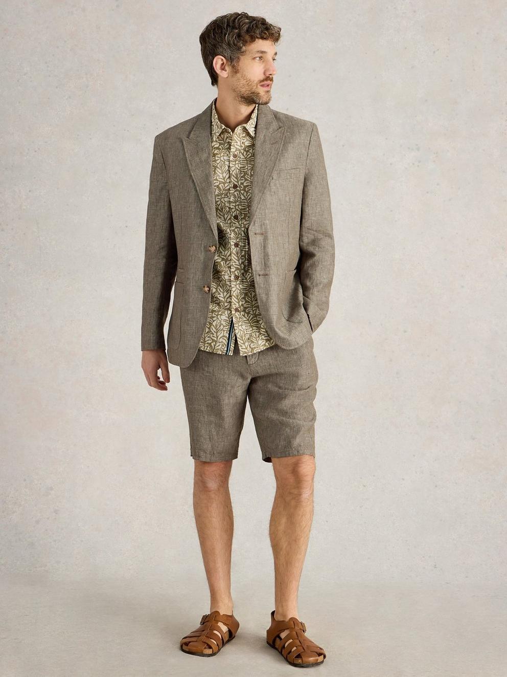 Peak Lapel Linen Blazer in KHAKI GRN - MODEL FRONT