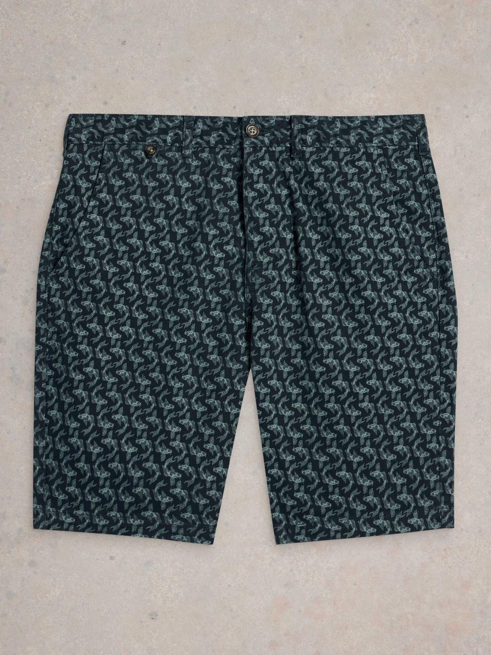 Fish Printed Chino Short in NAVY PR - FLAT FRONT