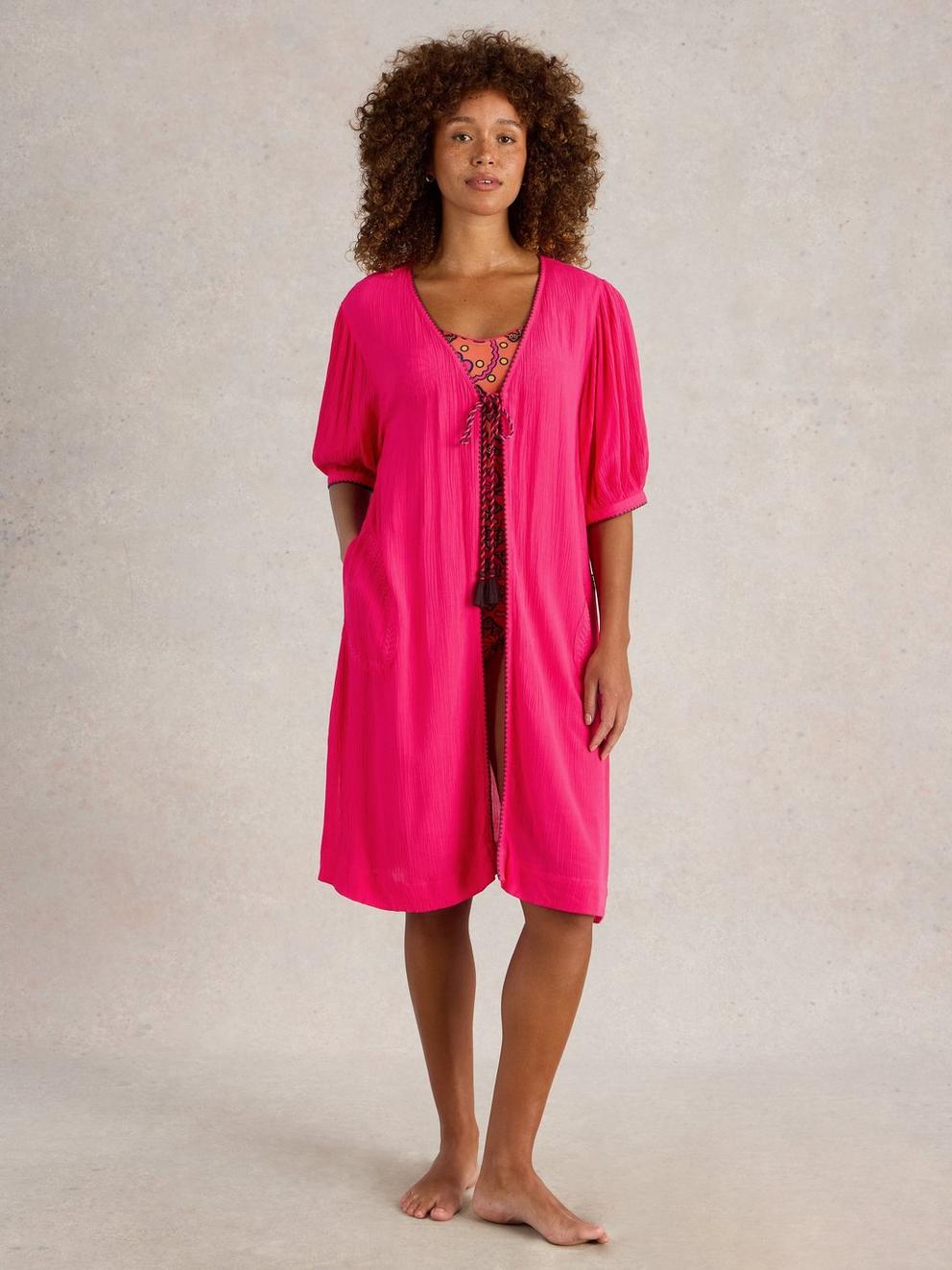 Maggie Magenta Beach Cover up  in BRT PINK - MODEL FRONT