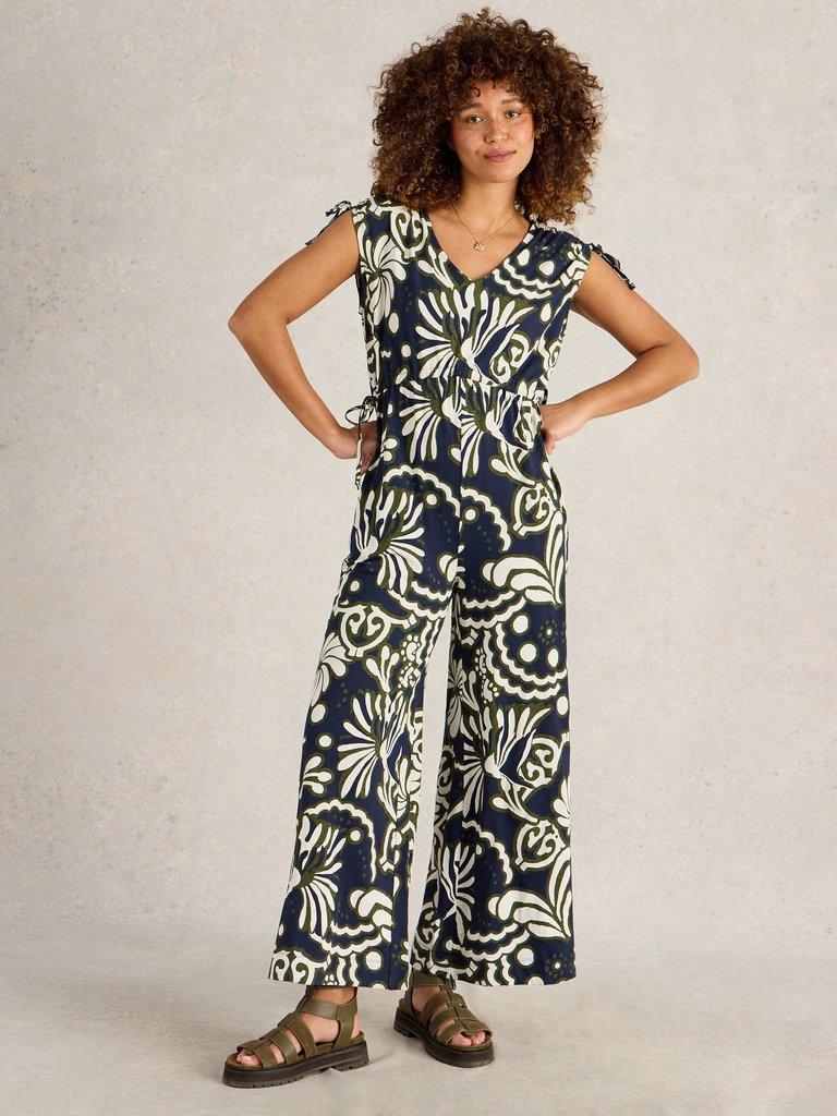 Freya Jersey Jumpsuit in NAVY MULTI - MODEL FRONT