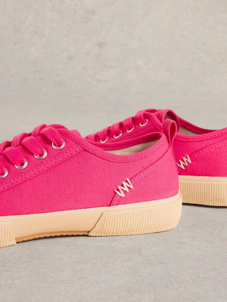Pippa Canvas Lace Up Trainers in BRT PINK - FLAT DETAIL