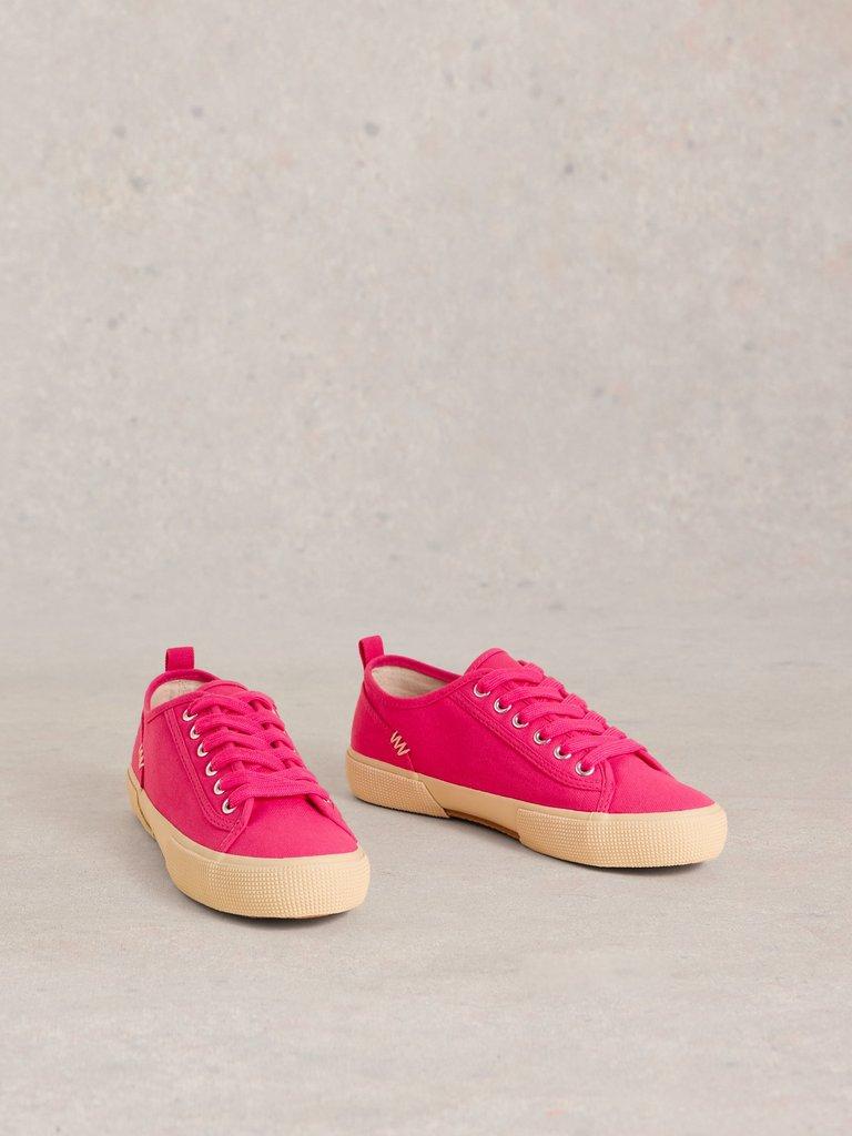 Pippa Canvas Lace Up Trainers in BRT PINK - FLAT FRONT