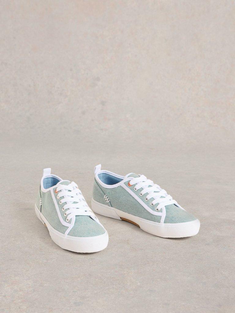 Pippa Canvas Lace Up Trainers in CHAMB BLUE - FLAT FRONT