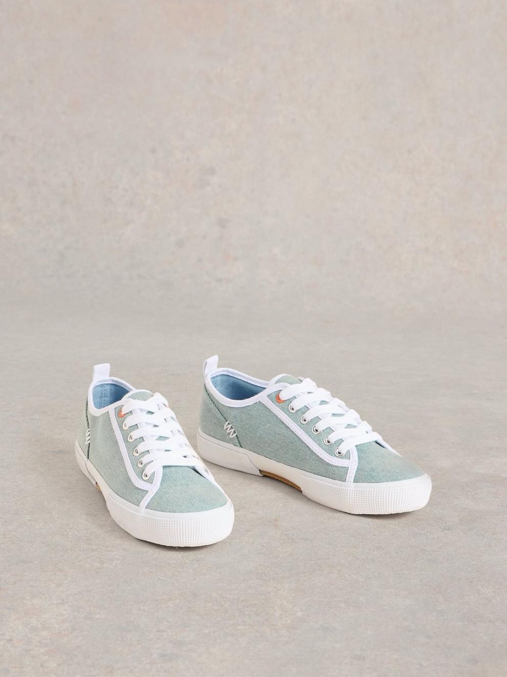 Pippa Canvas Lace Up Trainers in CHAMB BLUE - FLAT FRONT