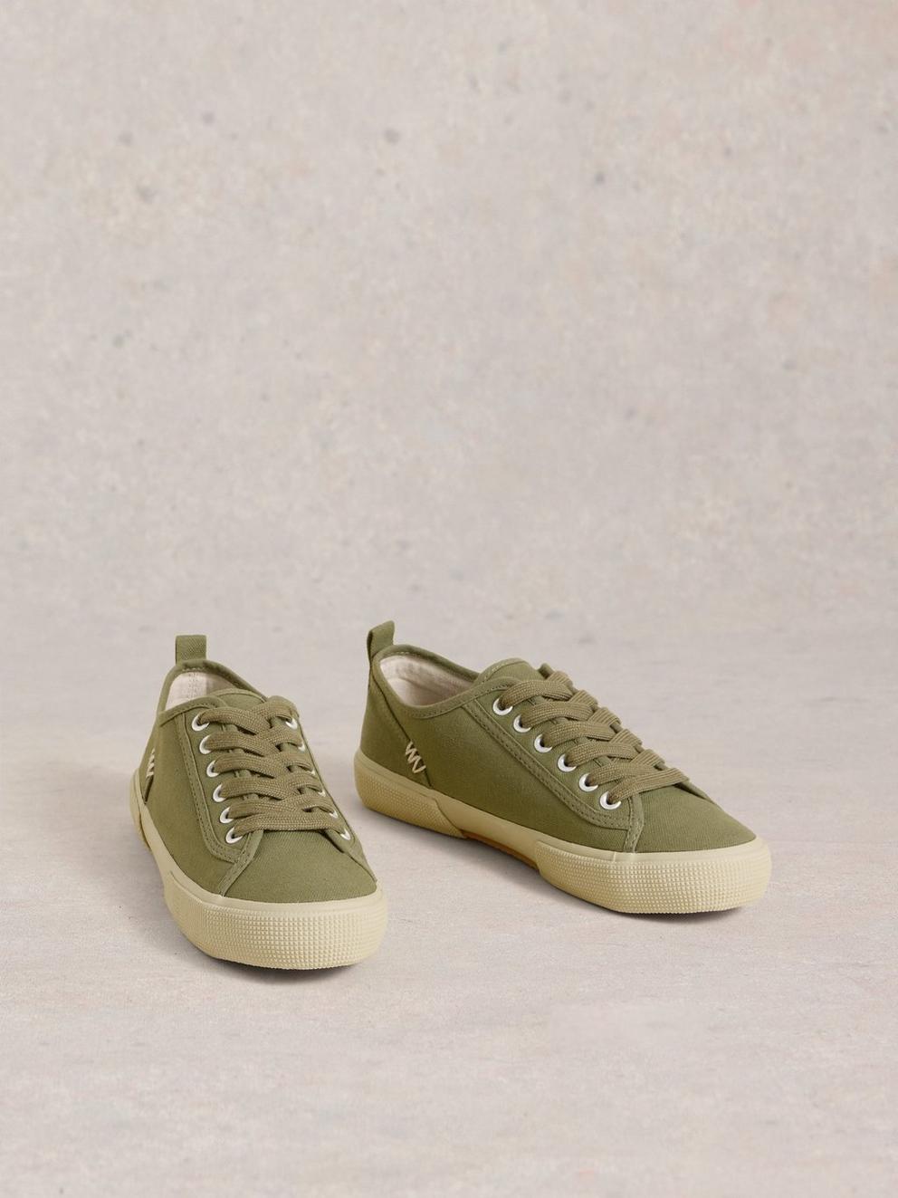 Pippa Canvas Lace Up Trainers in KHAKI GRN - FLAT FRONT