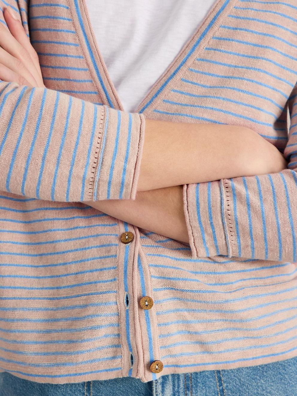 NARIA STRIPE LINEN BLEND CARDI in NAT MLT - MODEL DETAIL