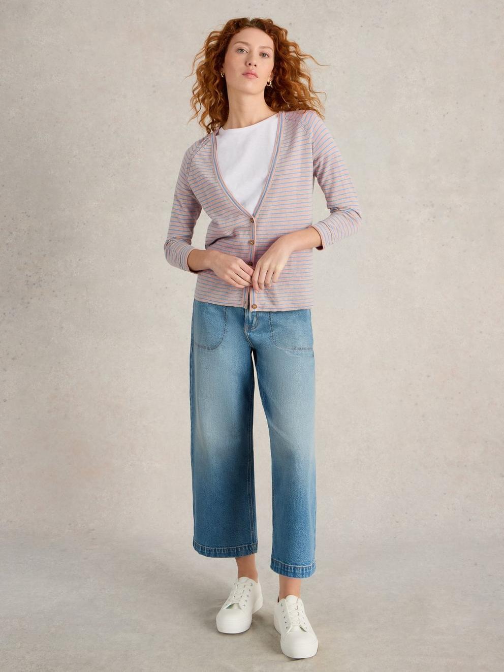 NARIA STRIPE LINEN BLEND CARDI in NAT MLT - MODEL FRONT