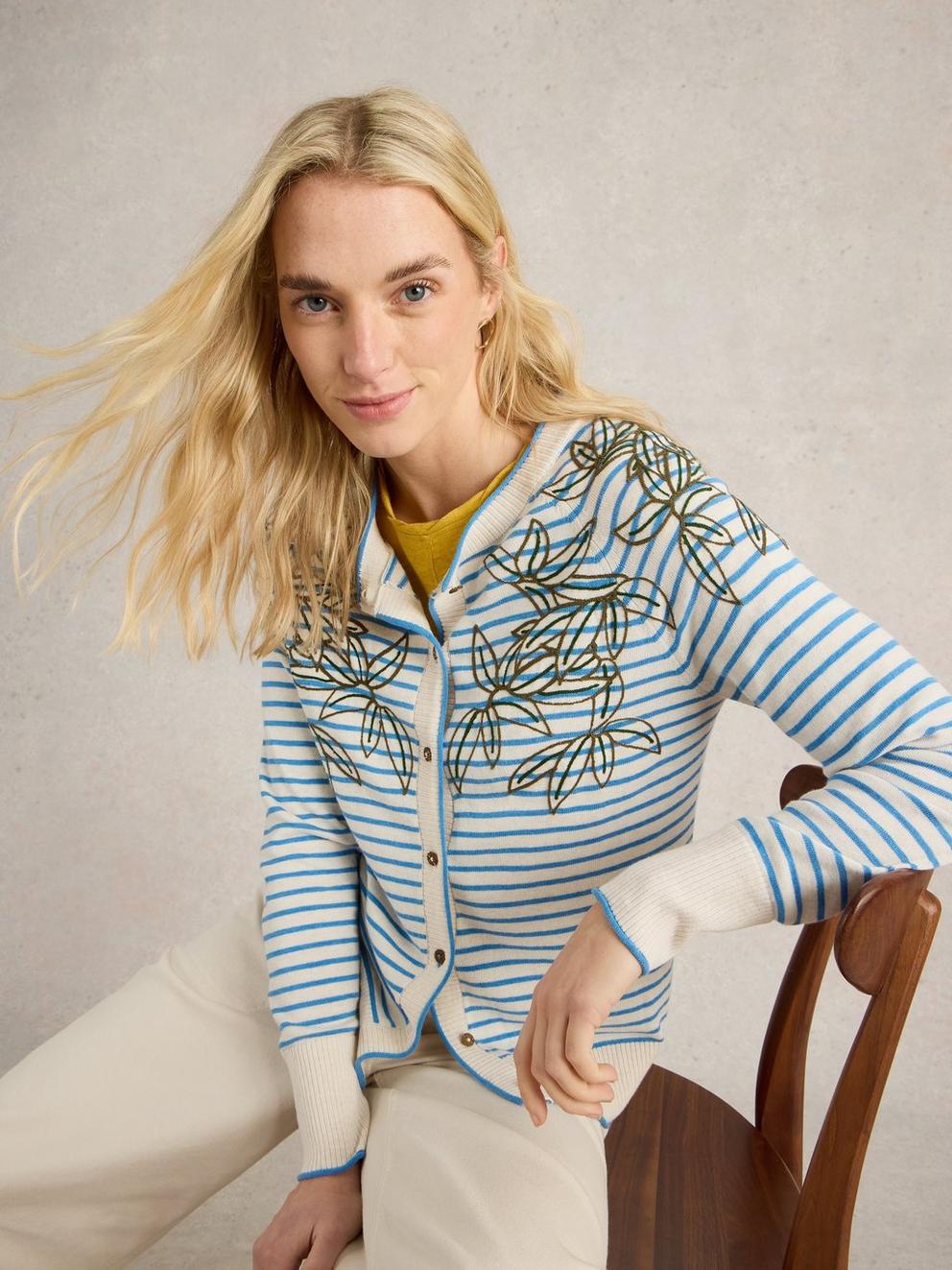 LULU CREW NECK EMBROIDERED CARDI in IVORY MLT - LIFESTYLE