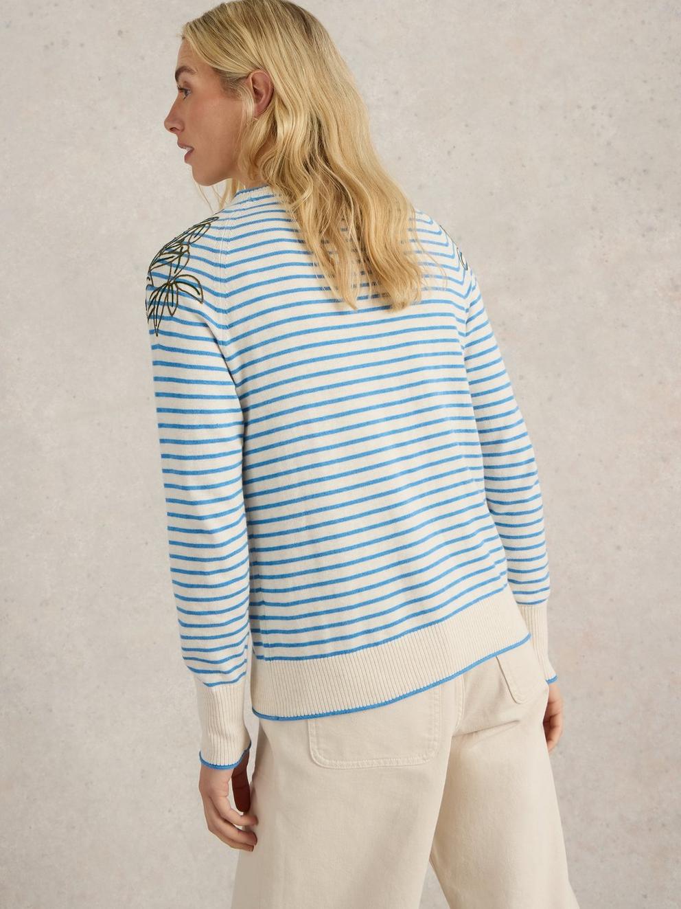 LULU CREW NECK EMBROIDERED CARDI in IVORY MLT - MODEL BACK