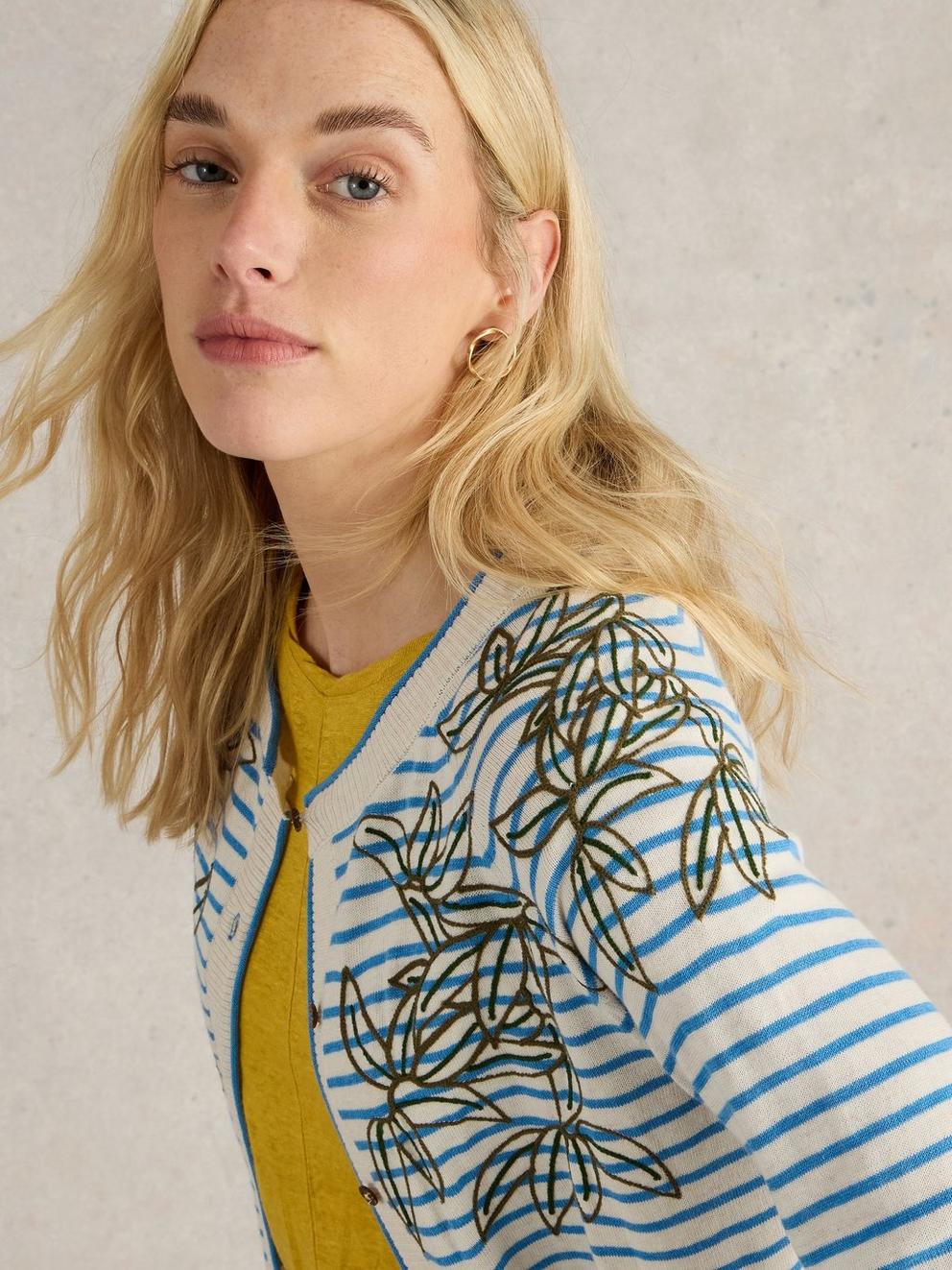 LULU CREW NECK EMBROIDERED CARDI in IVORY MLT - MODEL DETAIL