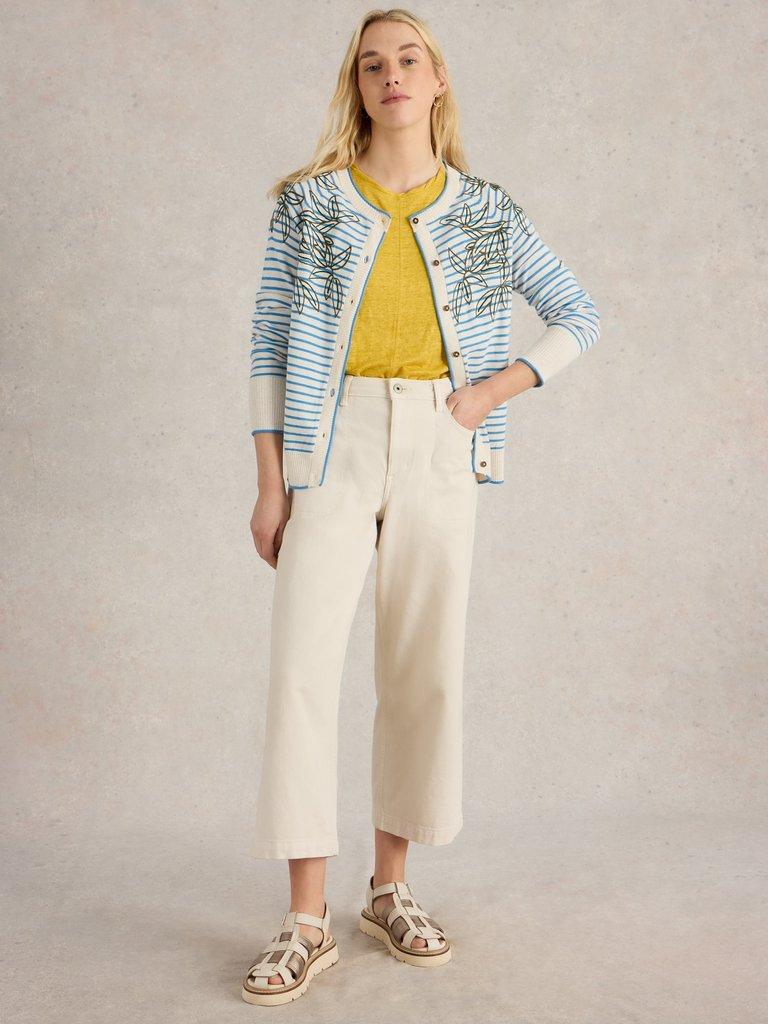 LULU CREW NECK EMBROIDERED CARDI in IVORY MLT - MODEL FRONT