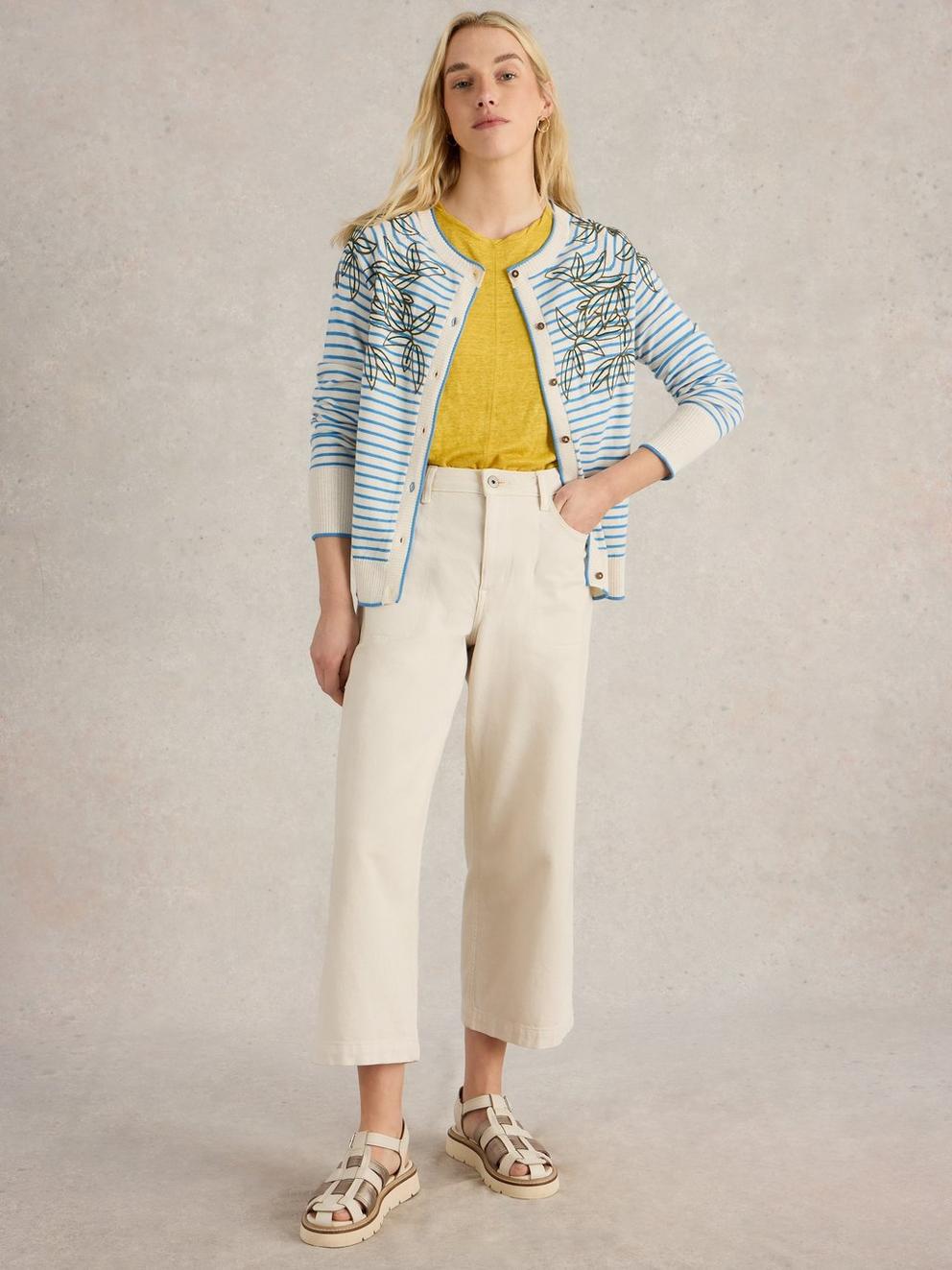 LULU CREW NECK EMBROIDERED CARDI in IVORY MLT - MODEL FRONT