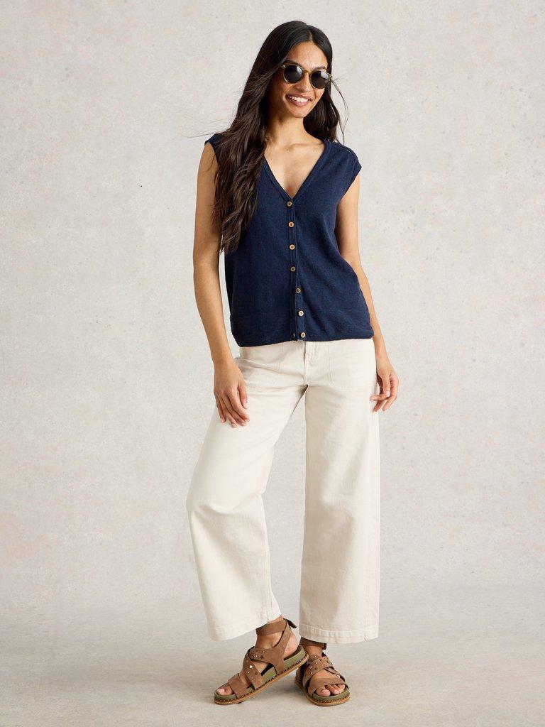NARIA LINEN BLEND TANK in DARK NAVY - MODEL FRONT