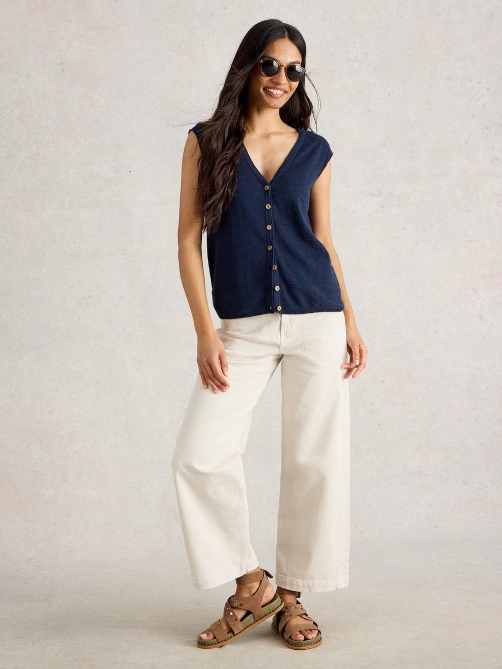 NARIA LINEN BLEND TANK in DARK NAVY - MODEL FRONT