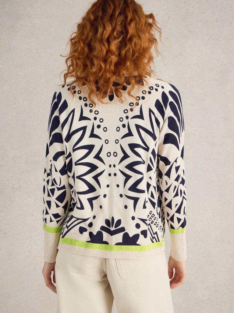 LULU PRINTED CREW NECK CARDI in IVORY PR - MODEL BACK