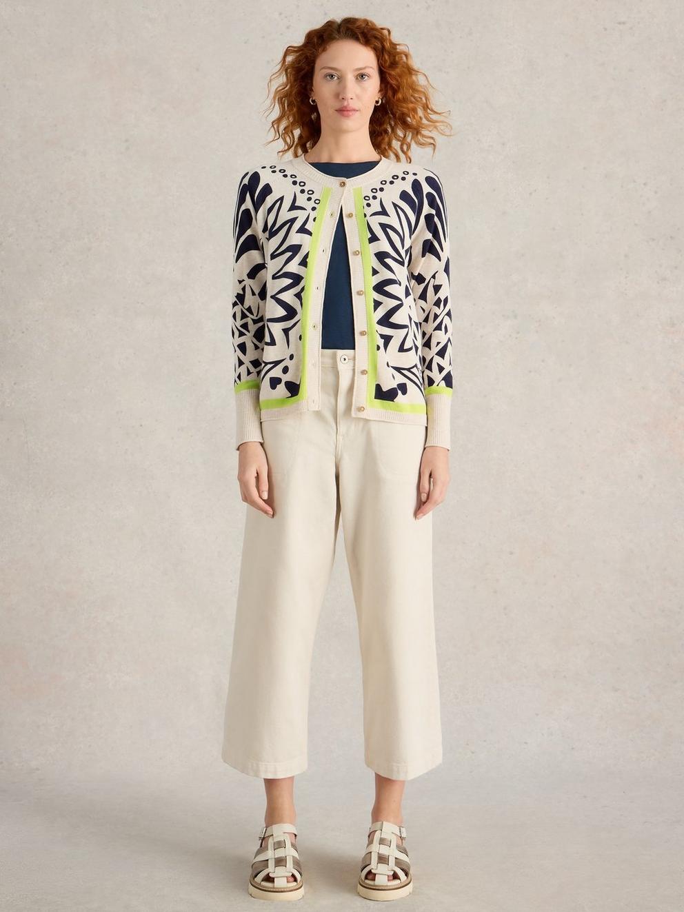 LULU PRINTED CREW NECK CARDI in IVORY PR - MODEL FRONT