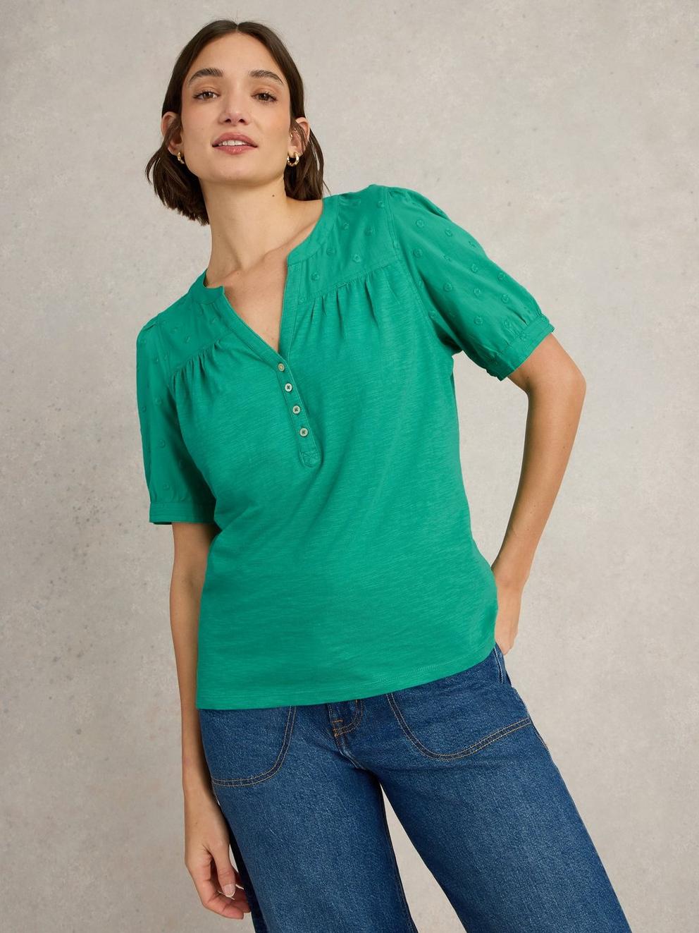 ELLIE BRODERIE TOP in BRT GREEN - MODEL DETAIL