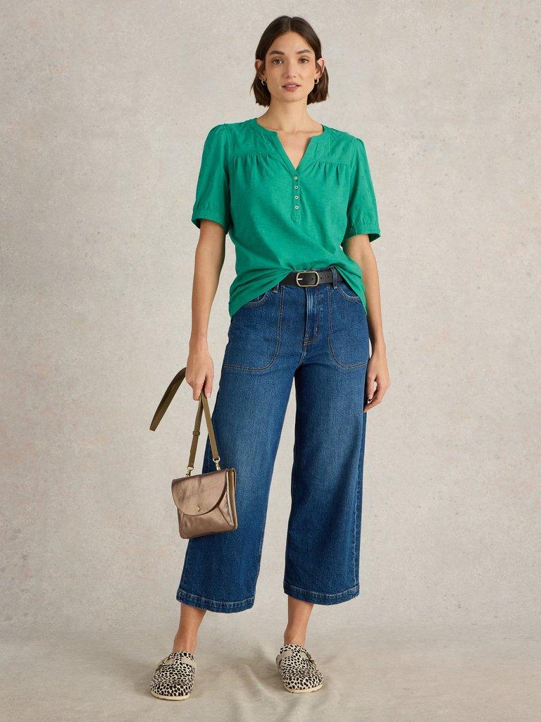 ELLIE BRODERIE TOP in BRT GREEN - MODEL FRONT