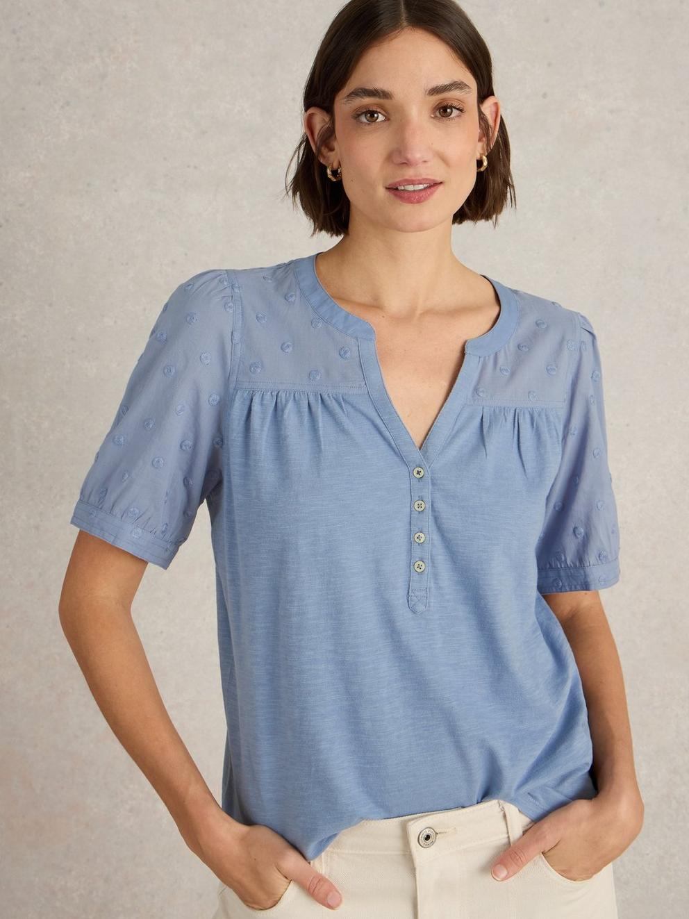 ELLIE BRODERIE TOP in MID BLUE - LIFESTYLE