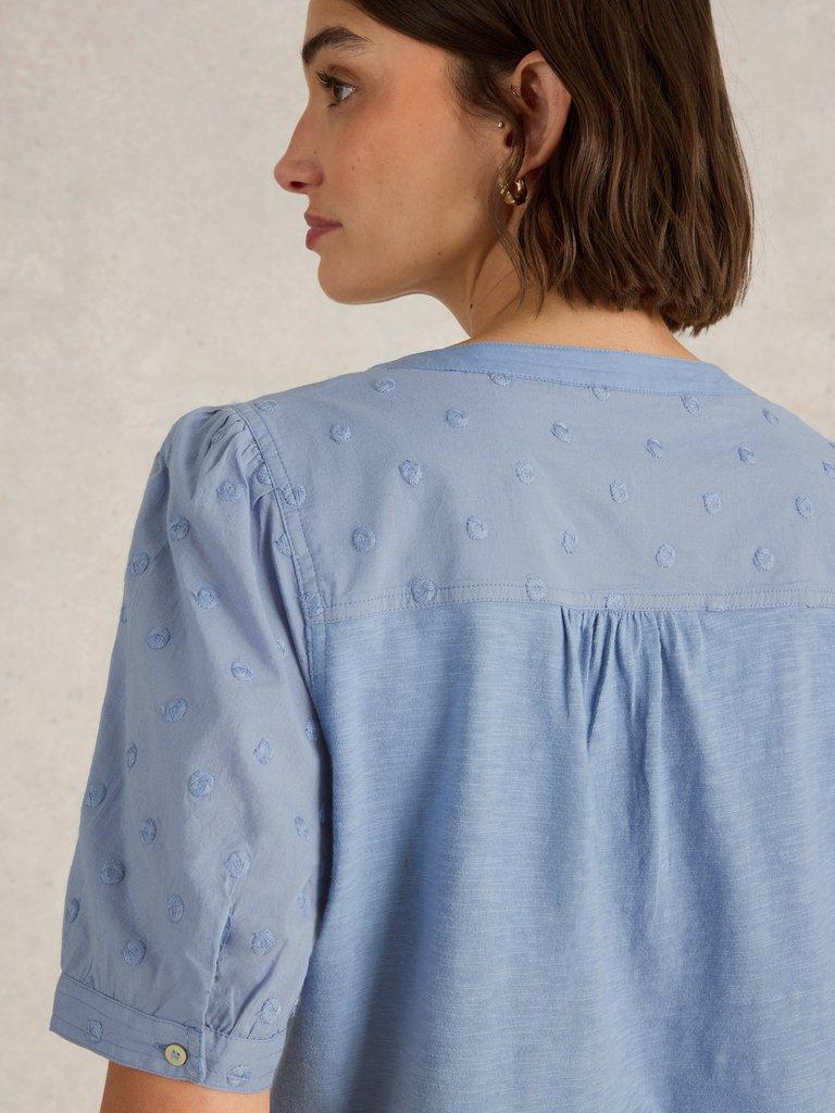 ELLIE BRODERIE TOP in MID BLUE - MODEL DETAIL