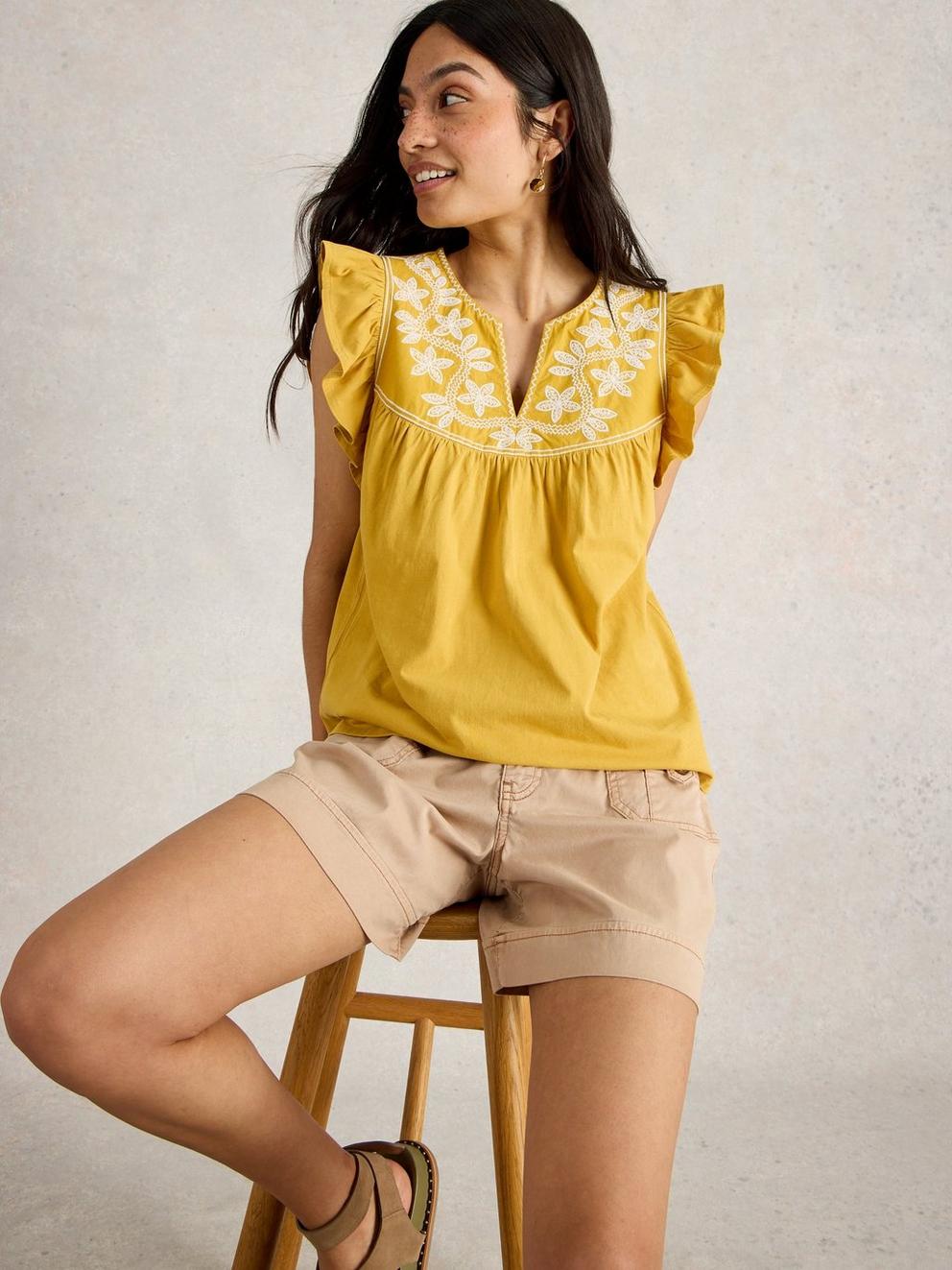 CALLIE FRILL TOP in MID YELLOW - LIFESTYLE