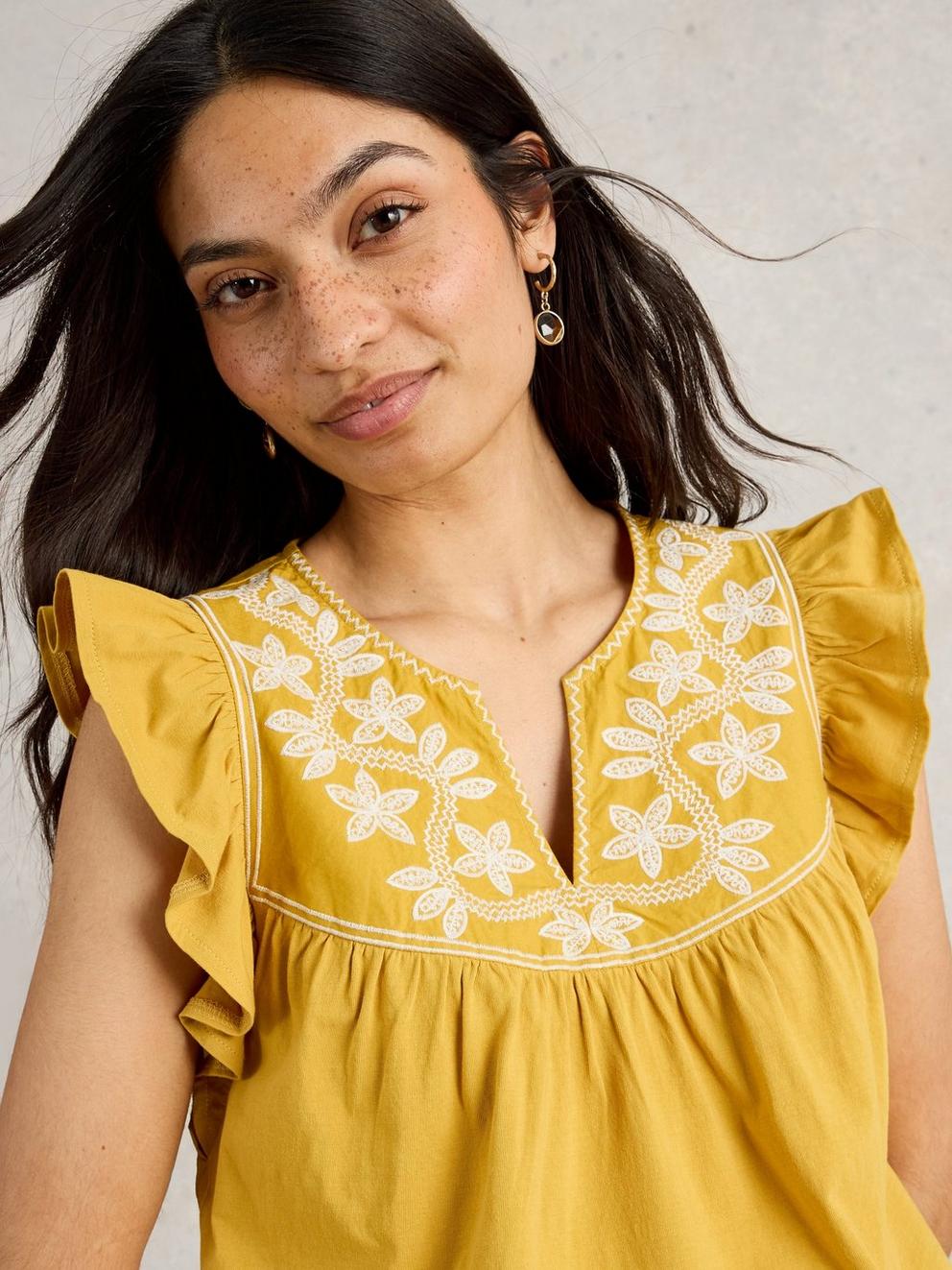 CALLIE FRILL TOP in MID YELLOW - MODEL DETAIL