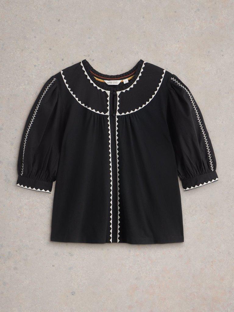 ZOE EMBROIDERED NOTCH NECK TOP in PURE BLK - FLAT FRONT