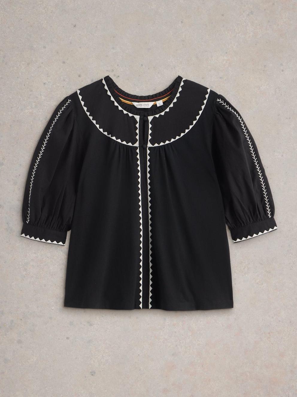 ZOE EMBROIDERED NOTCH NECK TOP in PURE BLK - FLAT FRONT