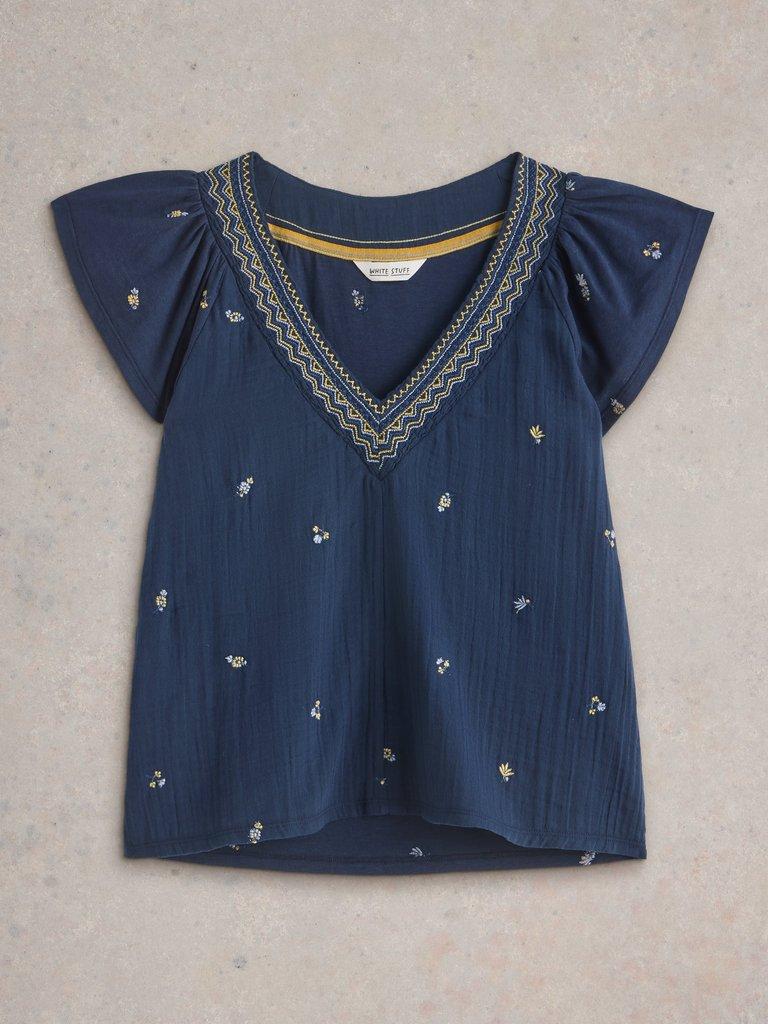 LUCIE EMBROIDERED TOP in NAVY MULTI - FLAT FRONT