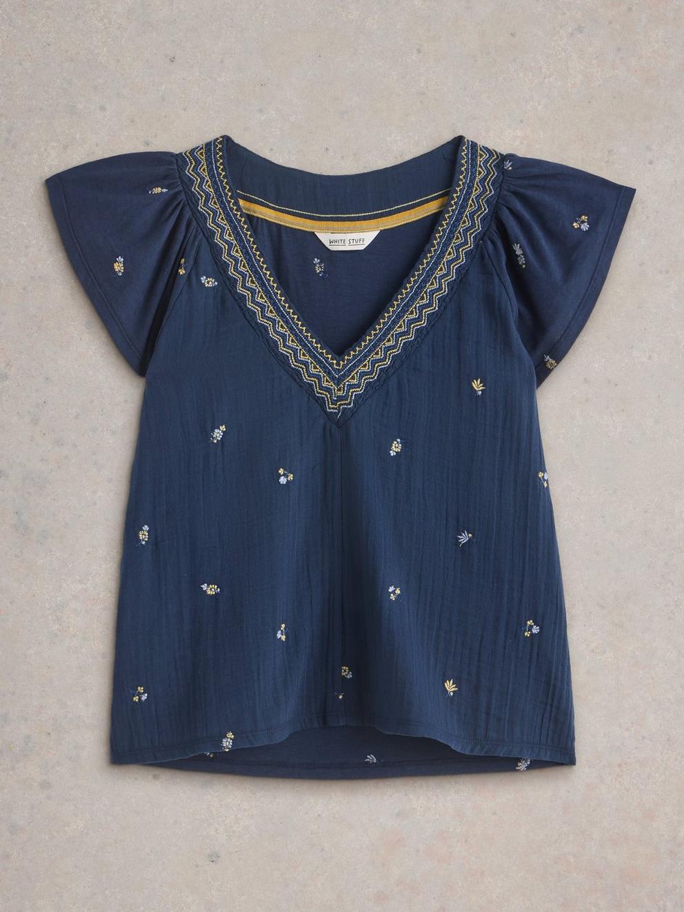 LUCIE EMBROIDERED TOP in NAVY MULTI - FLAT FRONT