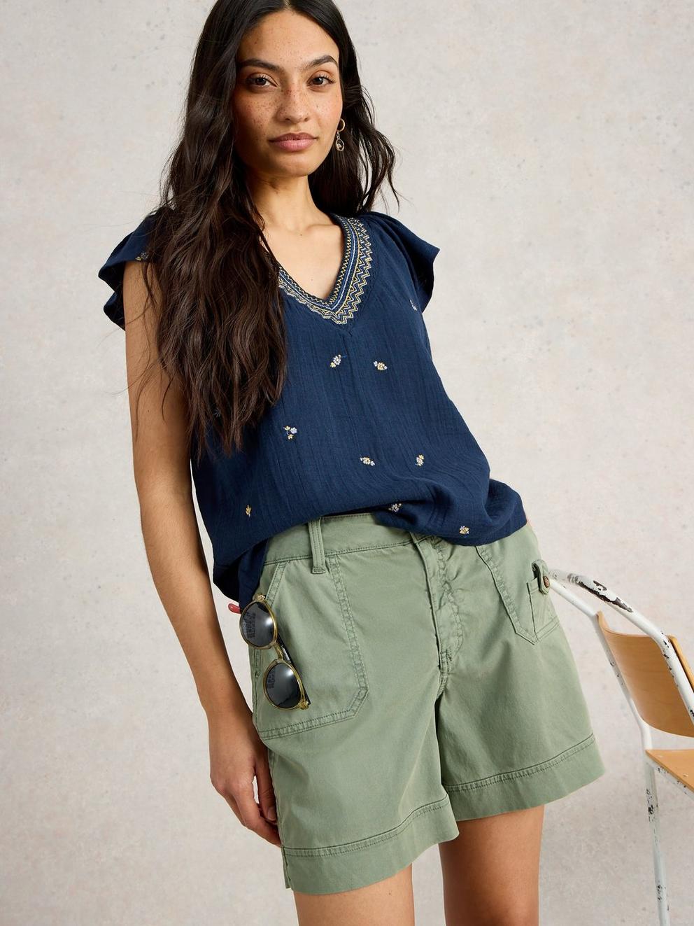 LUCIE EMBROIDERED TOP in NAVY MULTI - LIFESTYLE