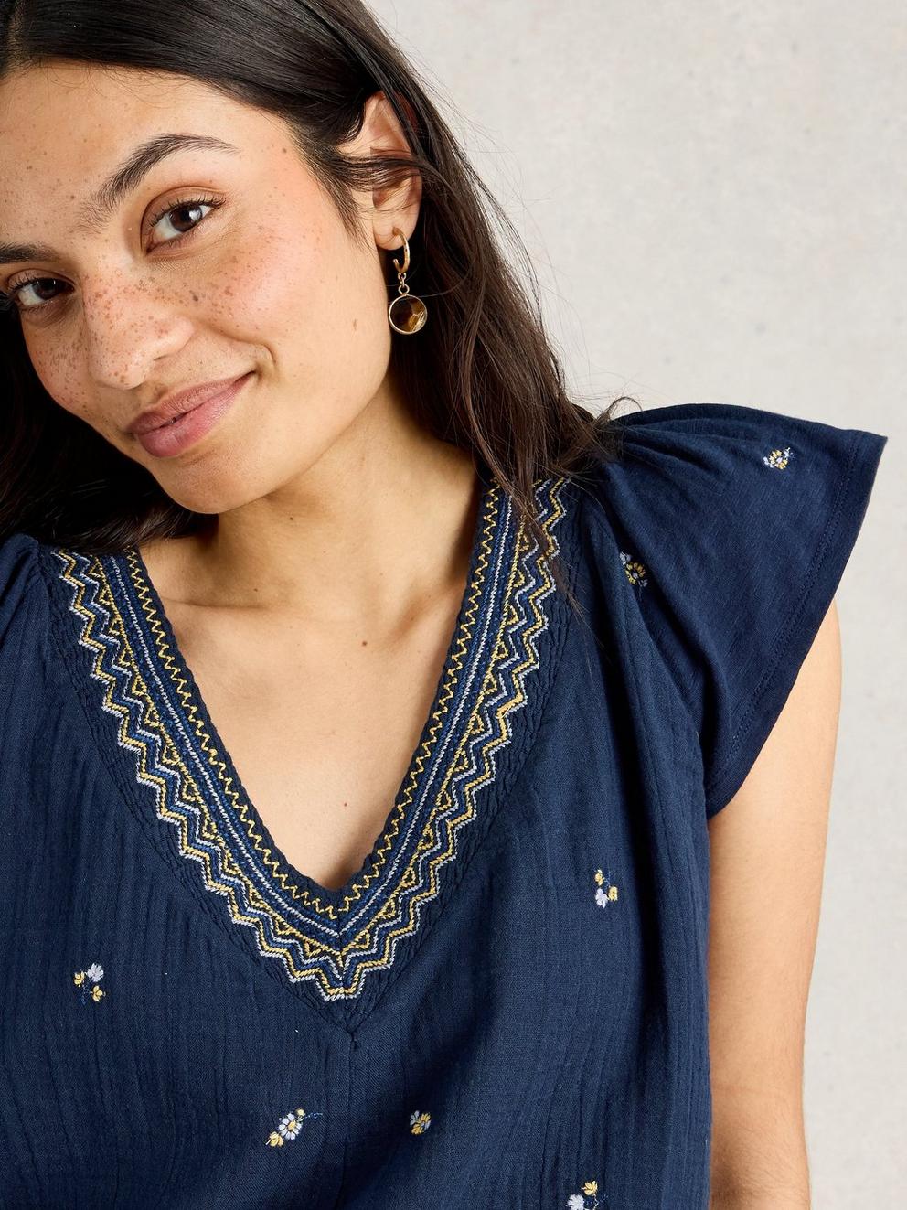 LUCIE EMBROIDERED TOP in NAVY MULTI - MODEL DETAIL