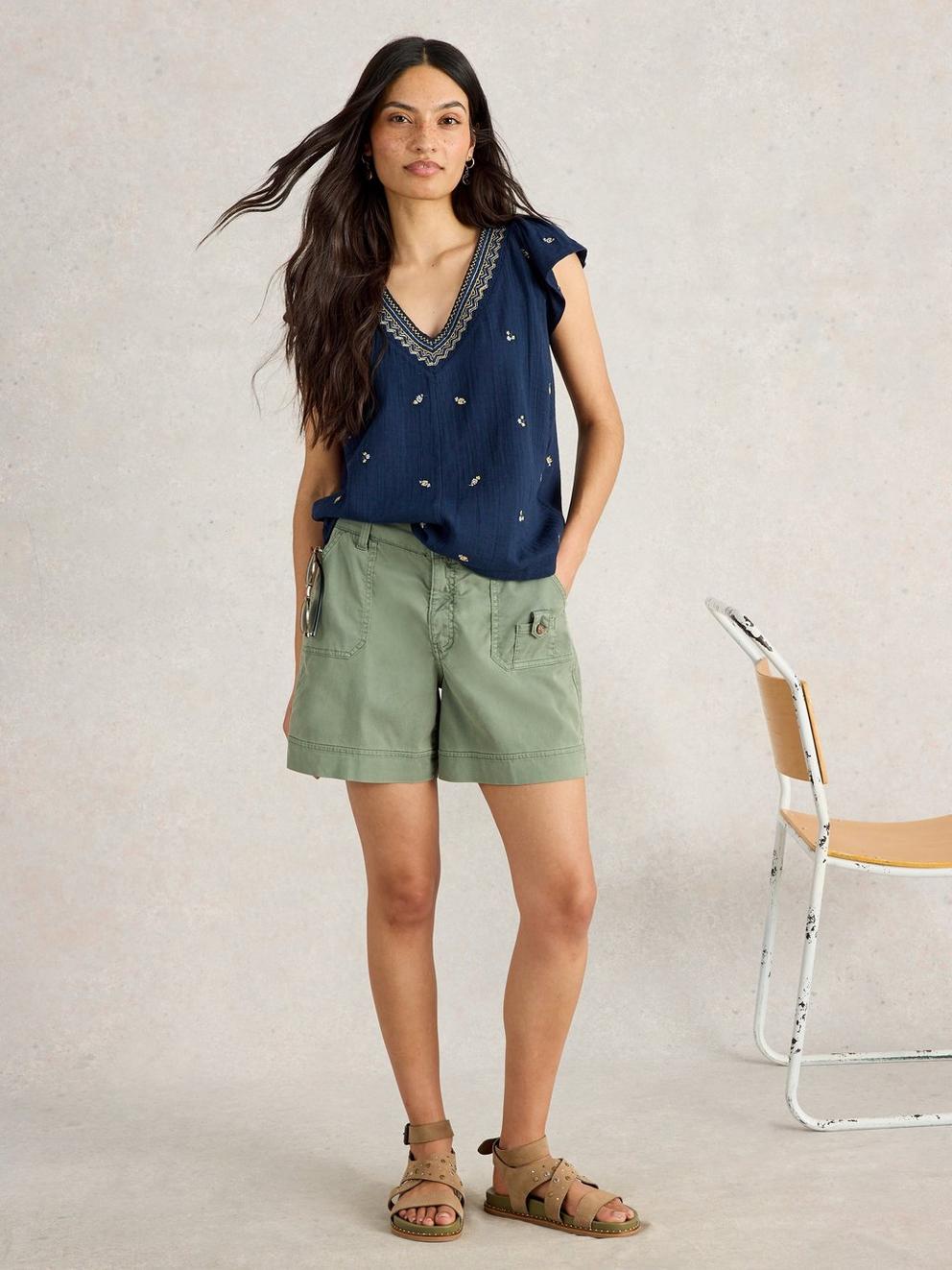 LUCIE EMBROIDERED TOP in NAVY MULTI - MODEL FRONT