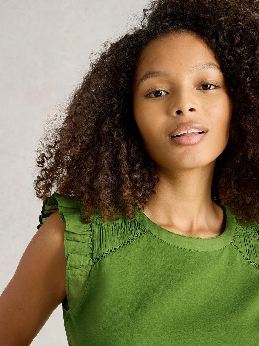 PAIGE FRILL MIX TOP in BRT GREEN - MODEL DETAIL