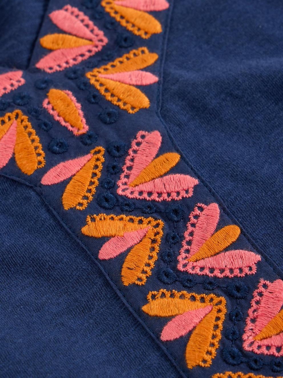 NEVA EMBROIDERED V NECK TOP in NAVY MULTI - FLAT DETAIL