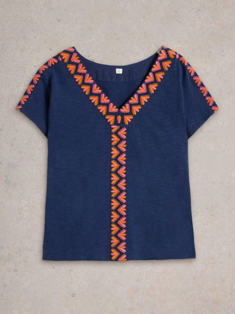 NEVA EMBROIDERED V NECK TOP in NAVY MULTI - FLAT FRONT