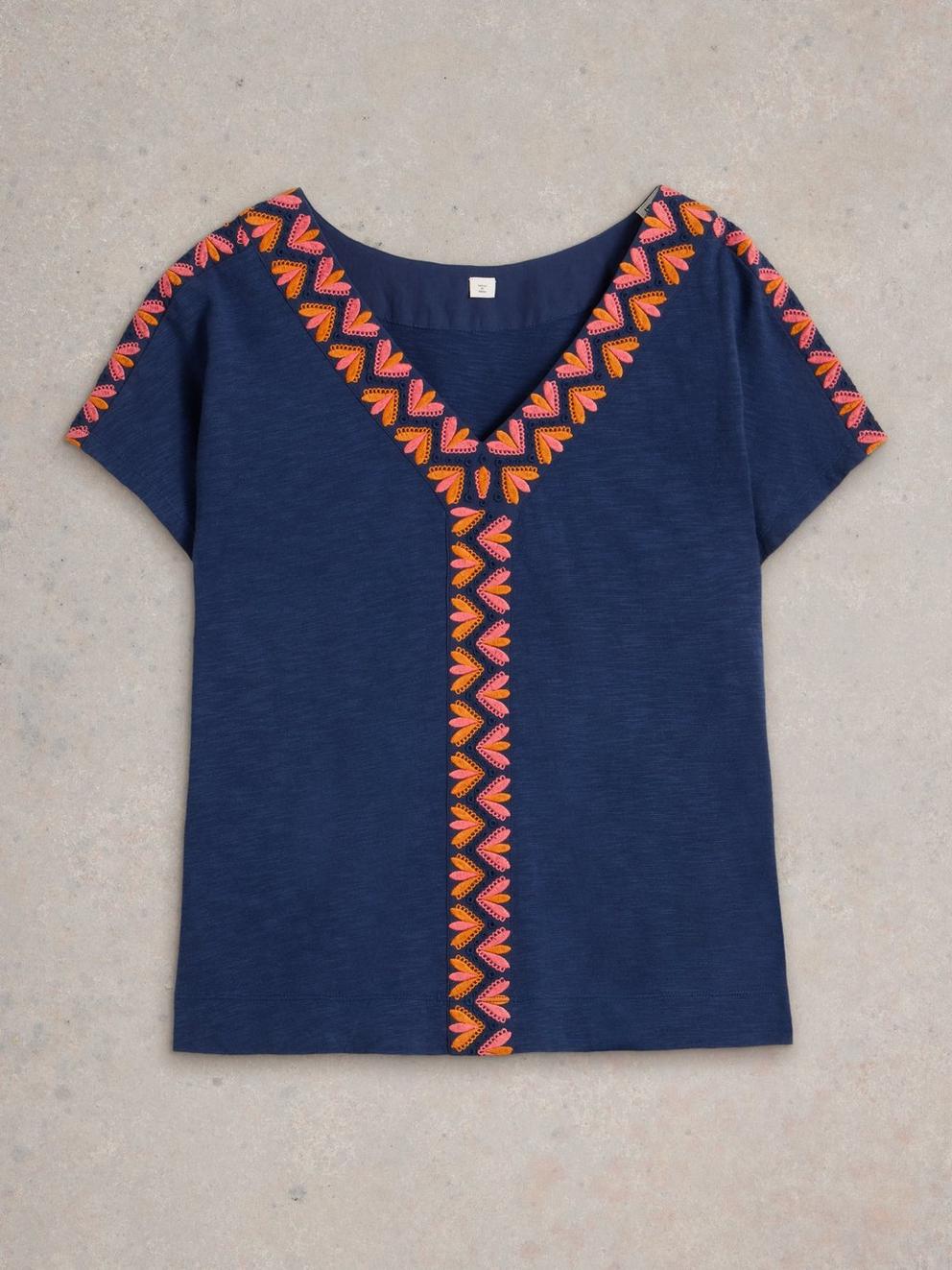 NEVA EMBROIDERED V NECK TOP in NAVY MULTI - FLAT FRONT